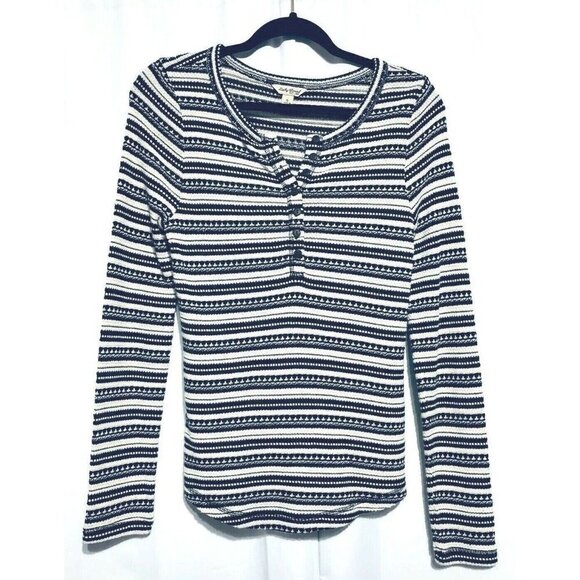 Lucky Brand Top Womens Small Black White Striped Chloe Henley Thermal Knit Boho - Picture 2 of 5